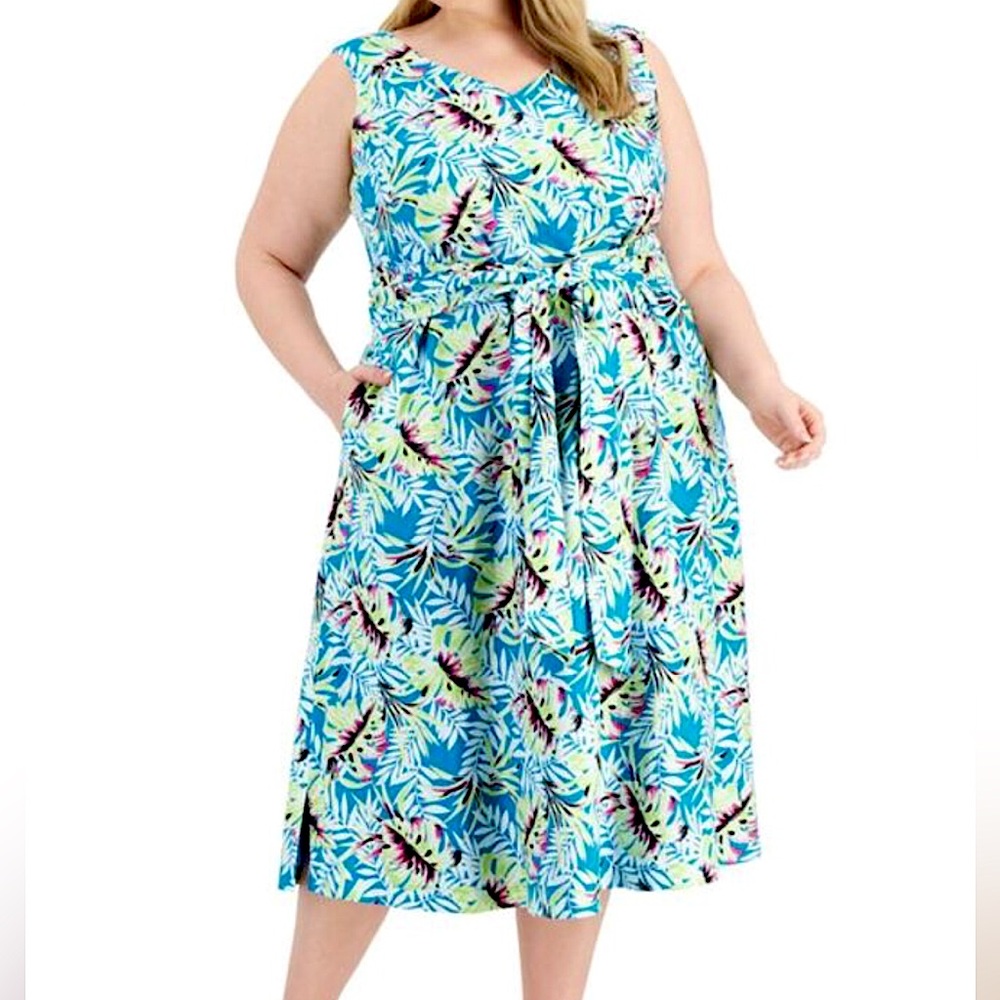 Anne Klein Linen Blend Tropical Print Dress